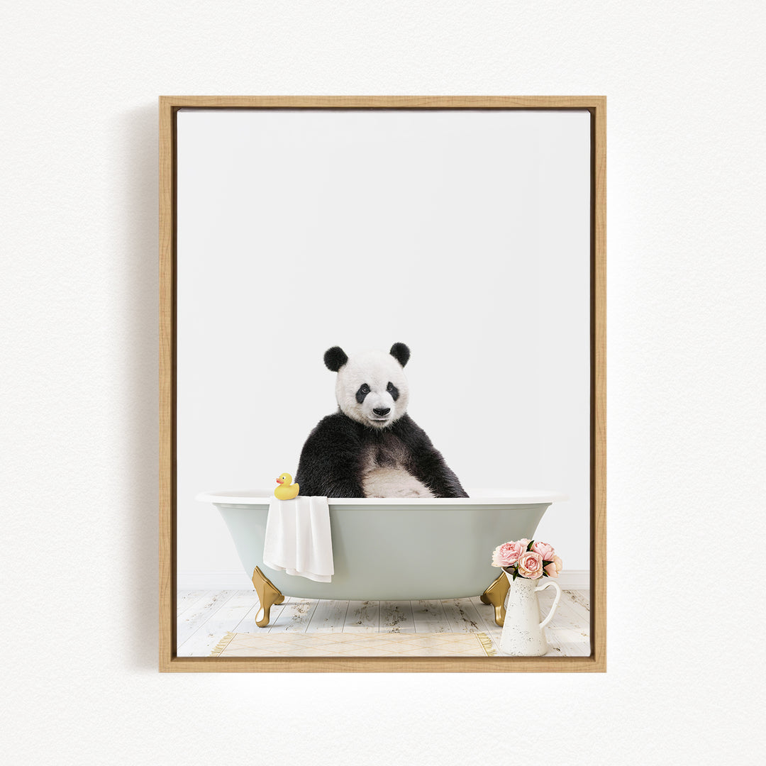 A panda bear sitting in a bathtub, surrounded by a yellow rubber duck and pink flowers.