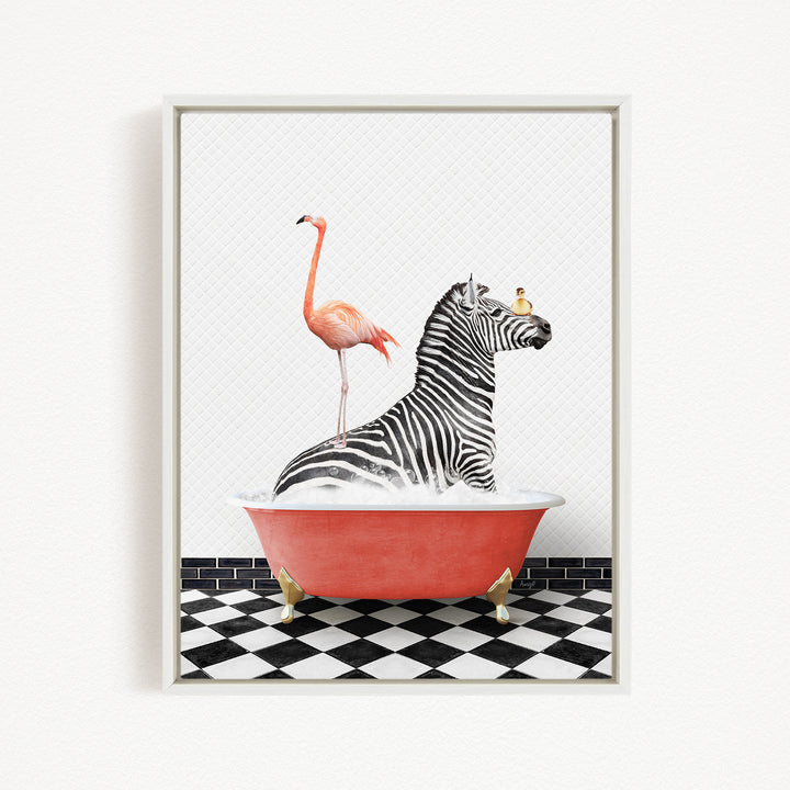 A zebra is sitting in a red bathtub, with a pink flamingo standing on its back and a bird perched on its head.