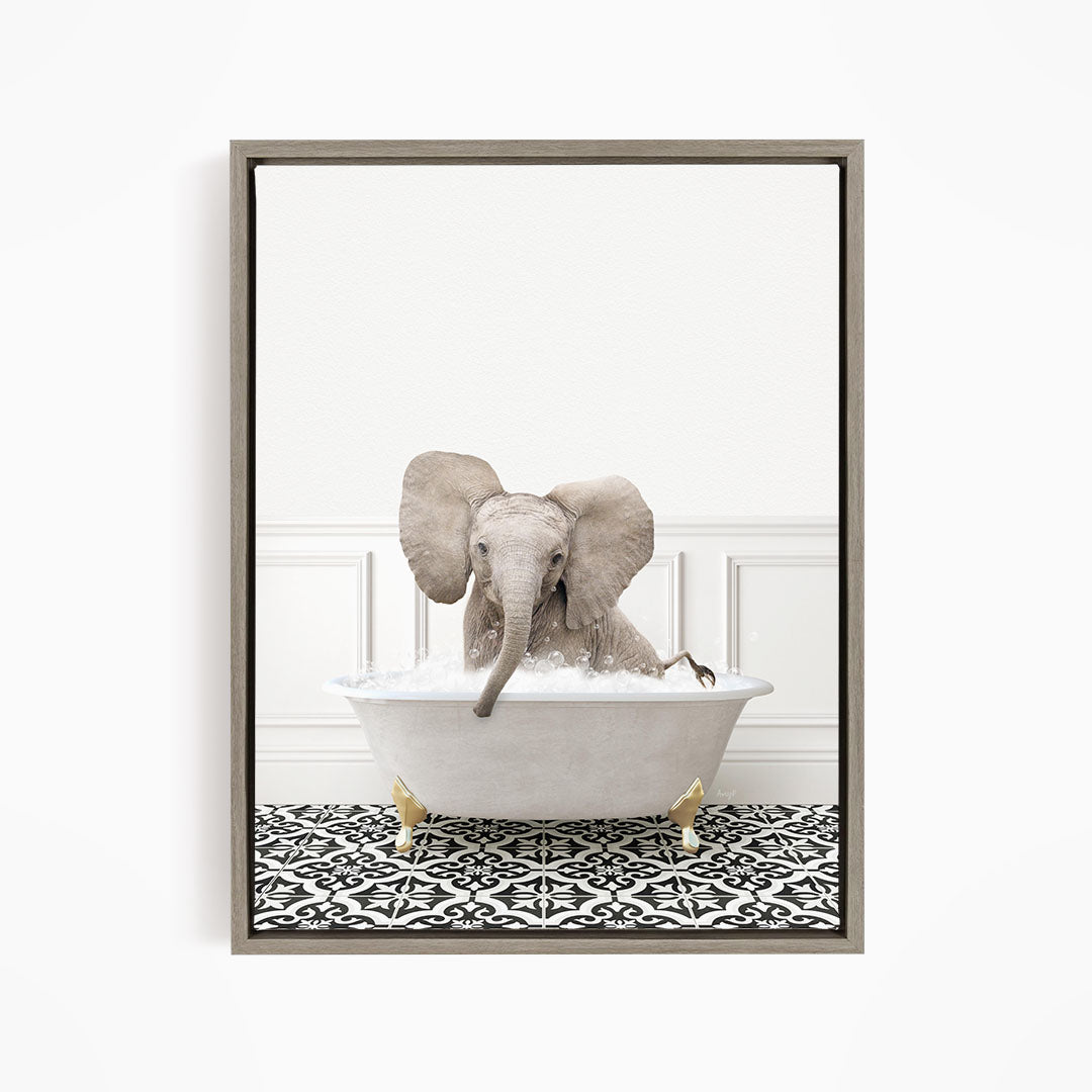 A gray elephant is sitting in a white bathtub filled with water, surrounded by a black and white patterned floor.