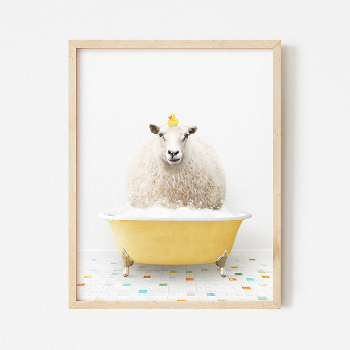 a sheep sitting in a bathtub with a rubber duck on its head