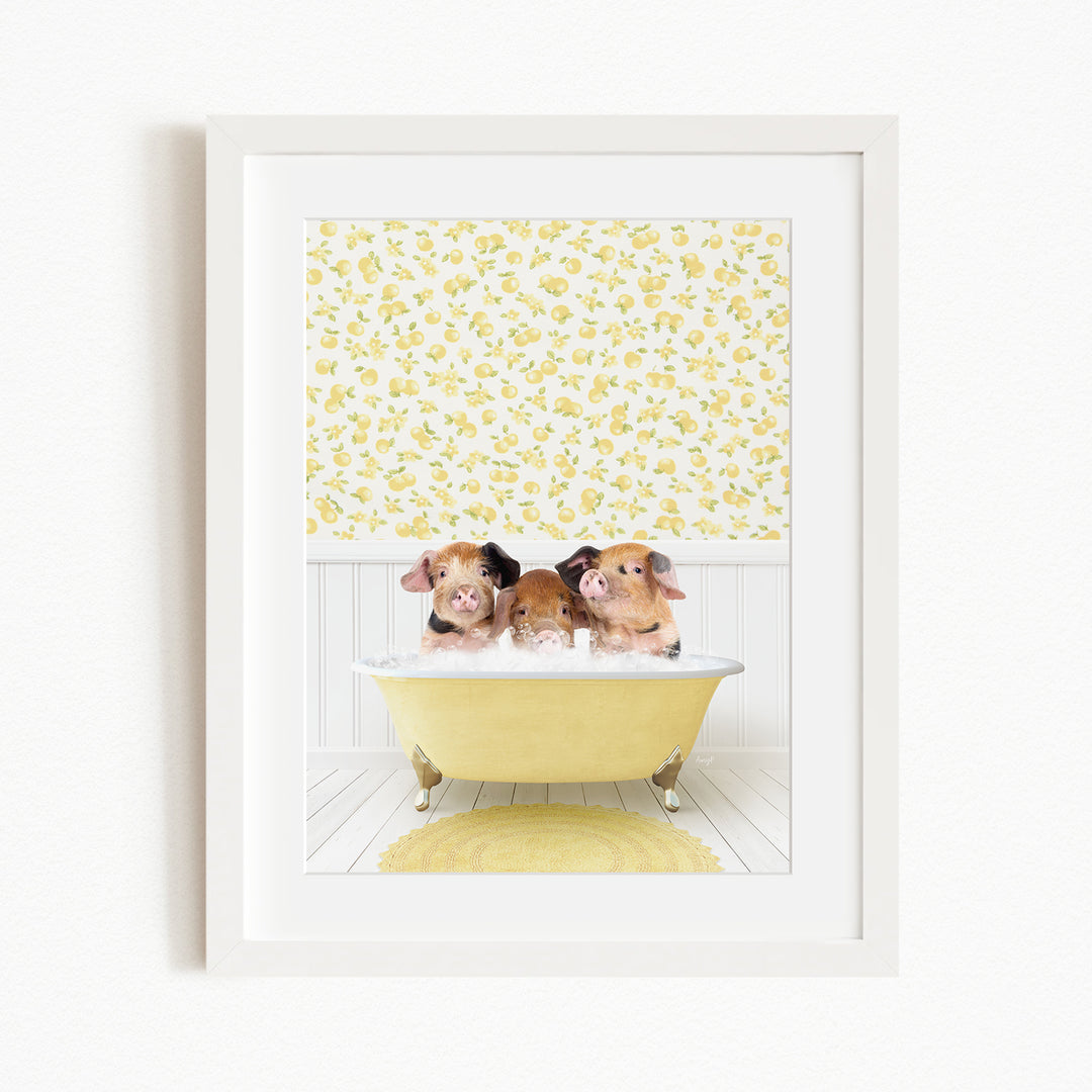 Three adorable pigs sitting in a yellow bathtub, surrounded by a yellow floral pattern on the wall behind them.