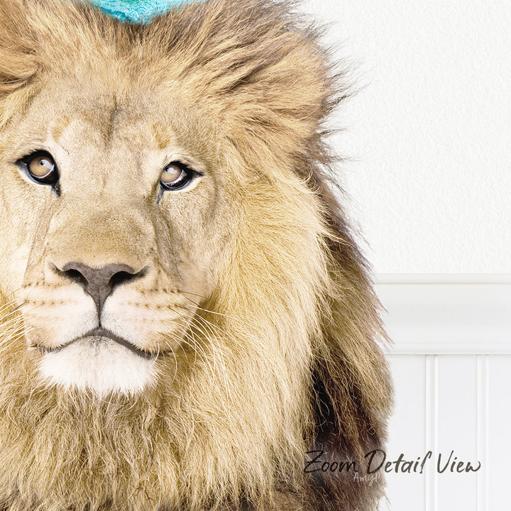 A close-up portrait of a majestic lion with its golden mane and intense gaze, set against a plain white background.