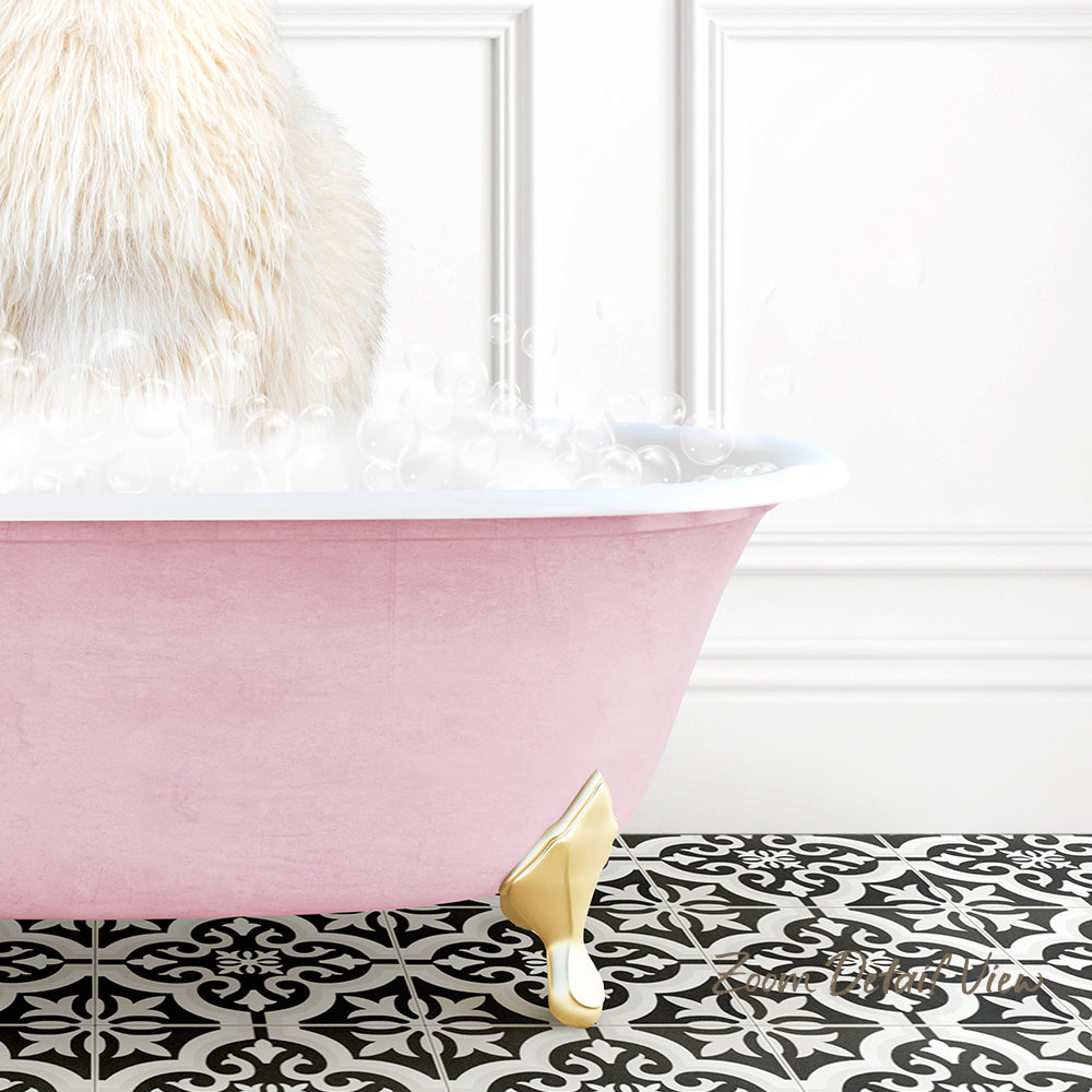 A pink claw-foot bathtub filled with bubbles, with a white wall and black and white patterned floor in the background.