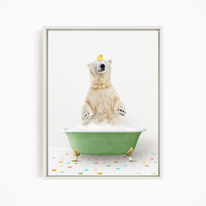 A polar bear standing in a green bathtub filled with bubbles, with a rubber duck perched on its head.