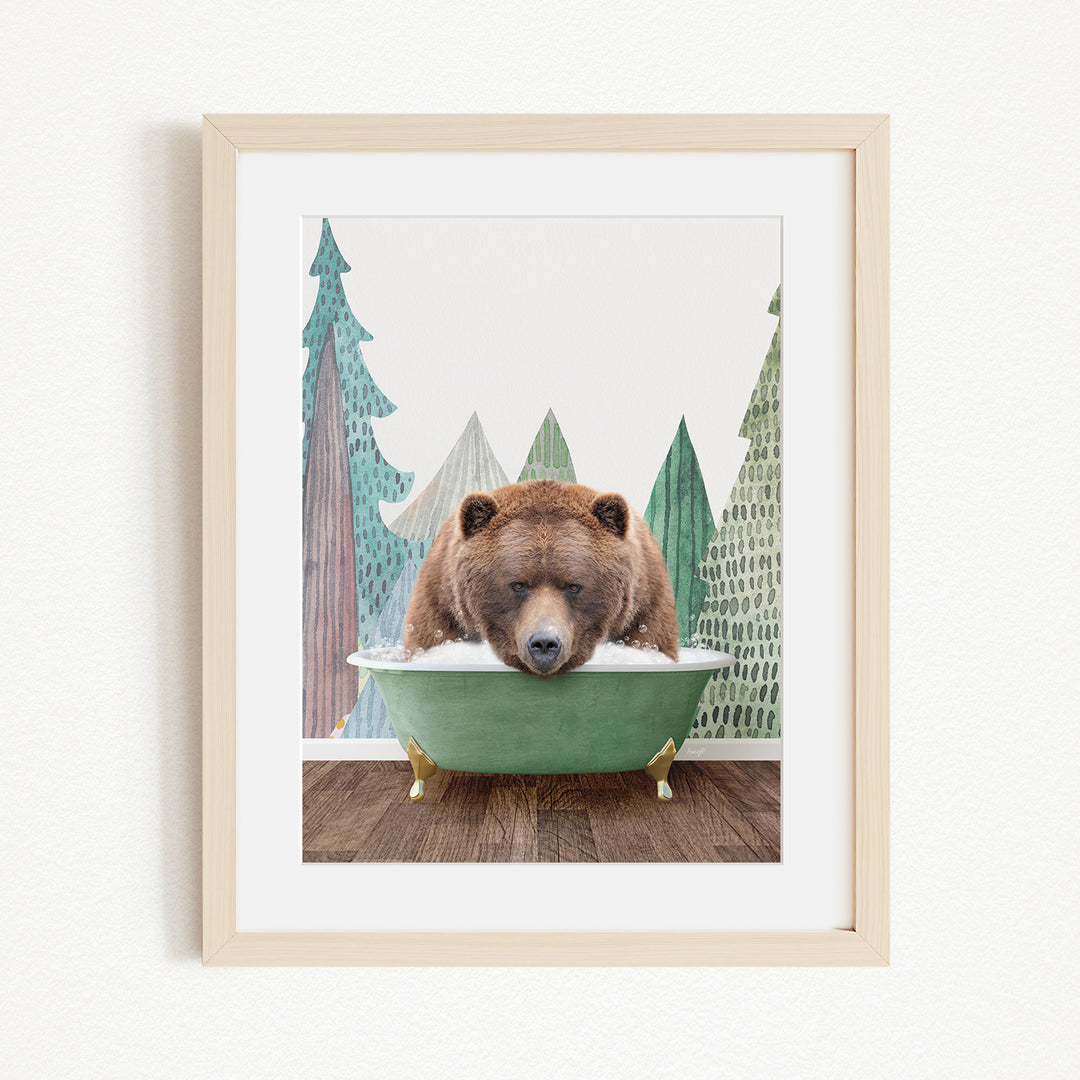 A brown bear is sitting in a green bathtub, surrounded by a forest scene with trees and a white background.