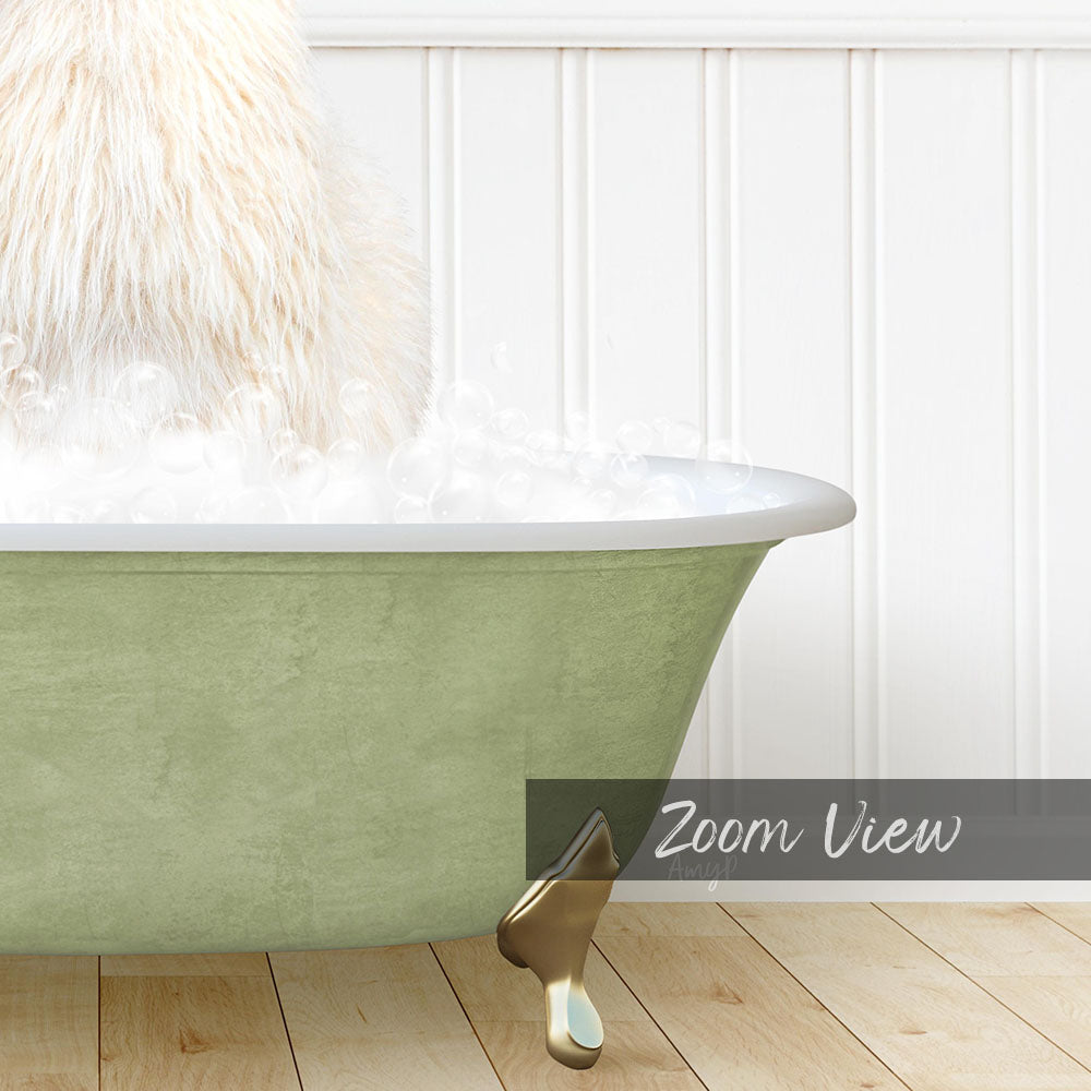 A fluffy white dog is sitting in a green bathtub filled with bubbles, with a white wall and wooden floor in the background.