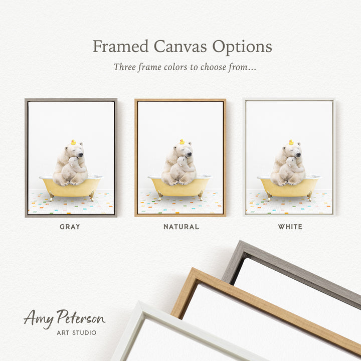 three framed canvas options featuring a bear in a bathtub, each with a different frame color: gray, natural, and white.