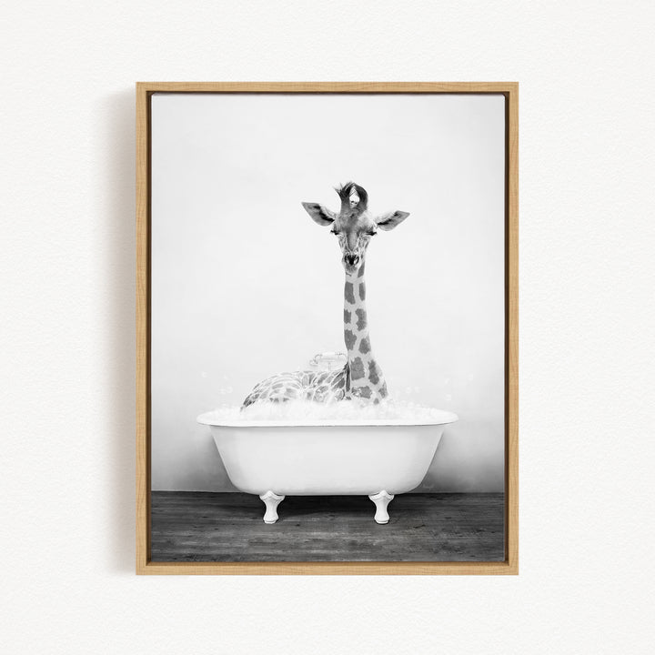 A giraffe sitting in a white bathtub filled with water, creating a whimsical and playful scene.