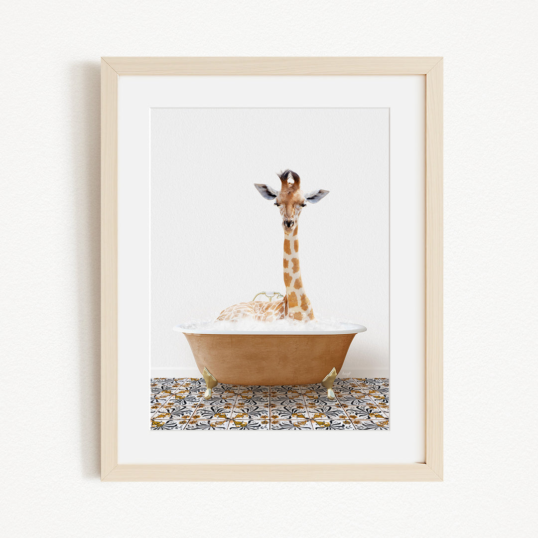 A giraffe sitting in a bathtub filled with bubbles, creating a whimsical and playful scene.