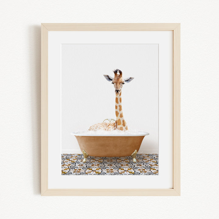 A giraffe sitting in a bathtub filled with bubbles, creating a whimsical and playful scene.