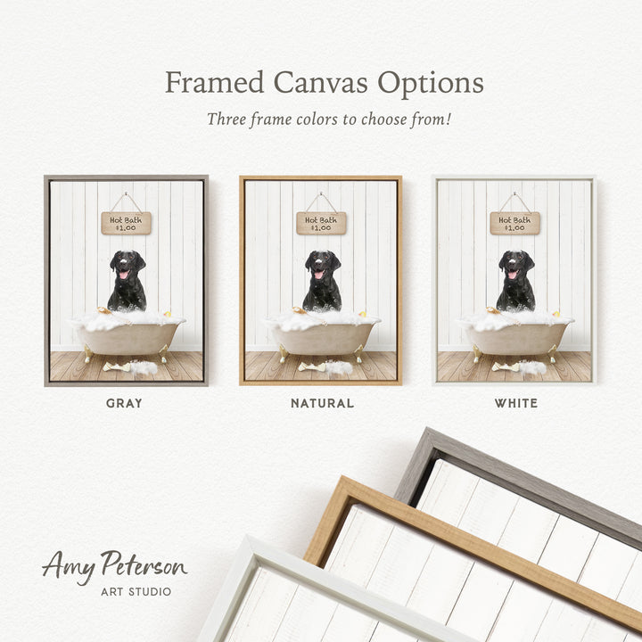 The image is a framed canvas option featuring three different colored frames with a black dog sitting in a bathtub.
