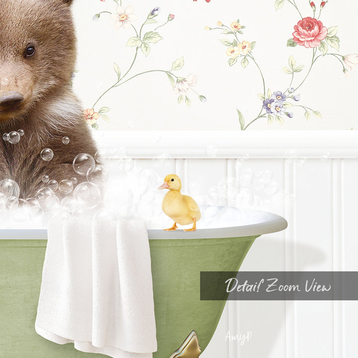 A brown bear is sitting in a green bathtub filled with bubbles, with a yellow duck standing on the edge of the tub.