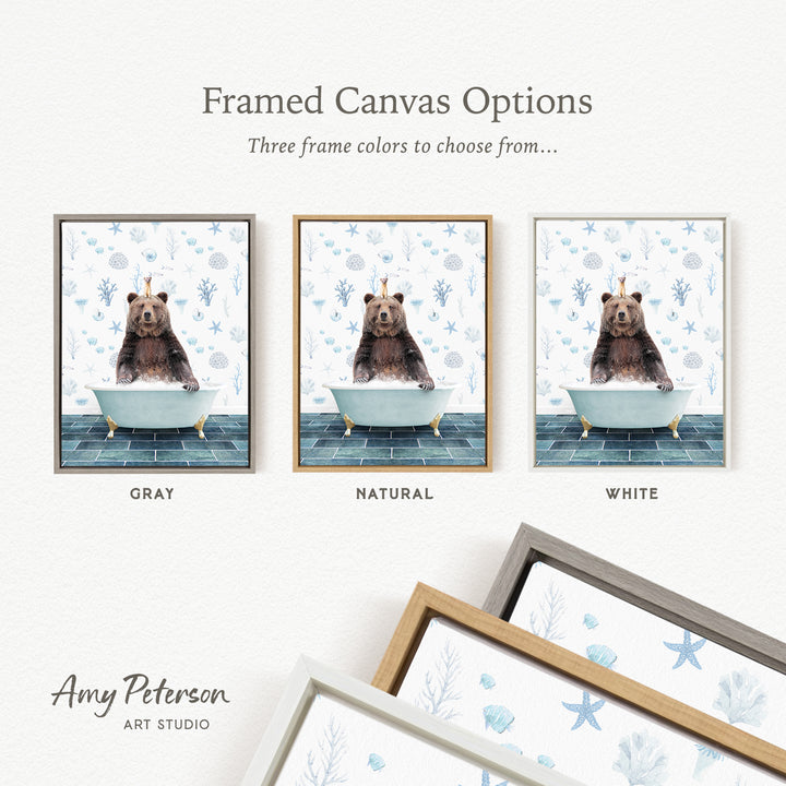 three framed canvas options featuring a bear sitting in a bathtub, with each option having a different frame color: gray, natural, and white.