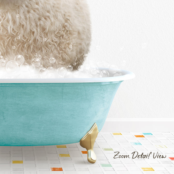 A fluffy white dog is sitting in a blue bathtub filled with bubbles, with a colorful tiled floor in the foreground.