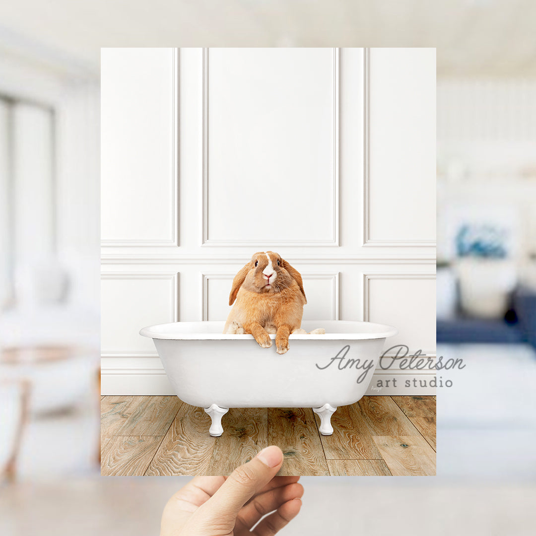 a person holding a photo of a dog in a bathtub