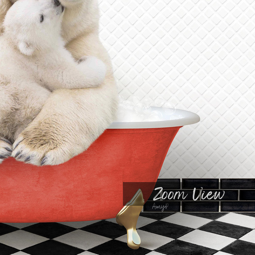 A polar bear sitting in a red bathtub, with a black and white checkered floor in the background.