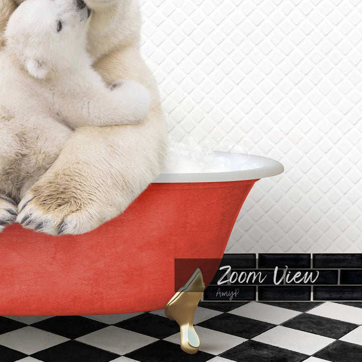 A polar bear sitting in a red bathtub, with a black and white checkered floor in the background.
