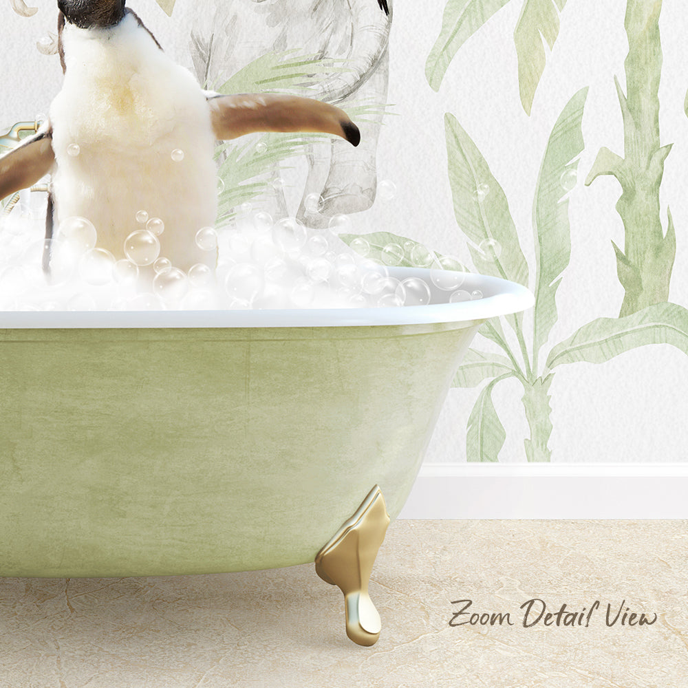 A penguin sitting in a green bathtub filled with bubbles, with a tropical plant wallpaper in the background.