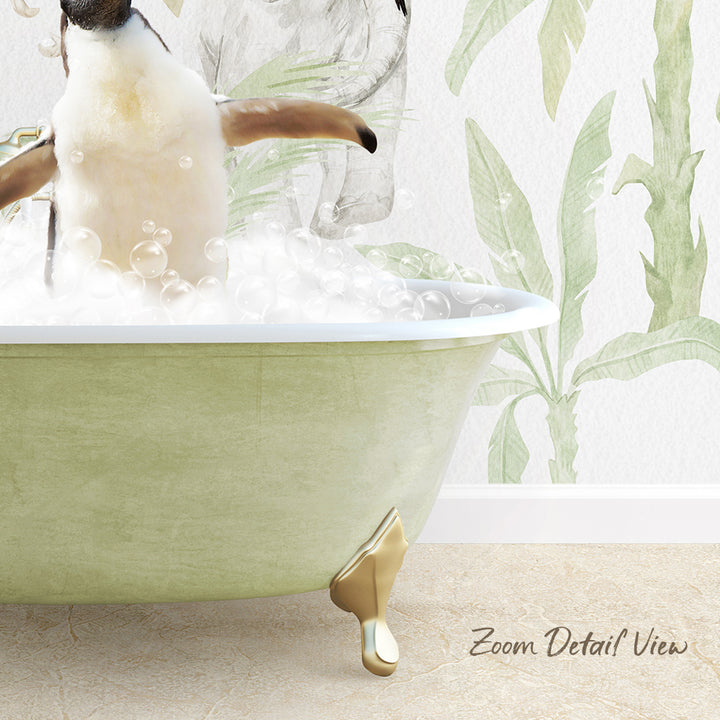 A penguin sitting in a green bathtub filled with bubbles, with a tropical plant wallpaper in the background.