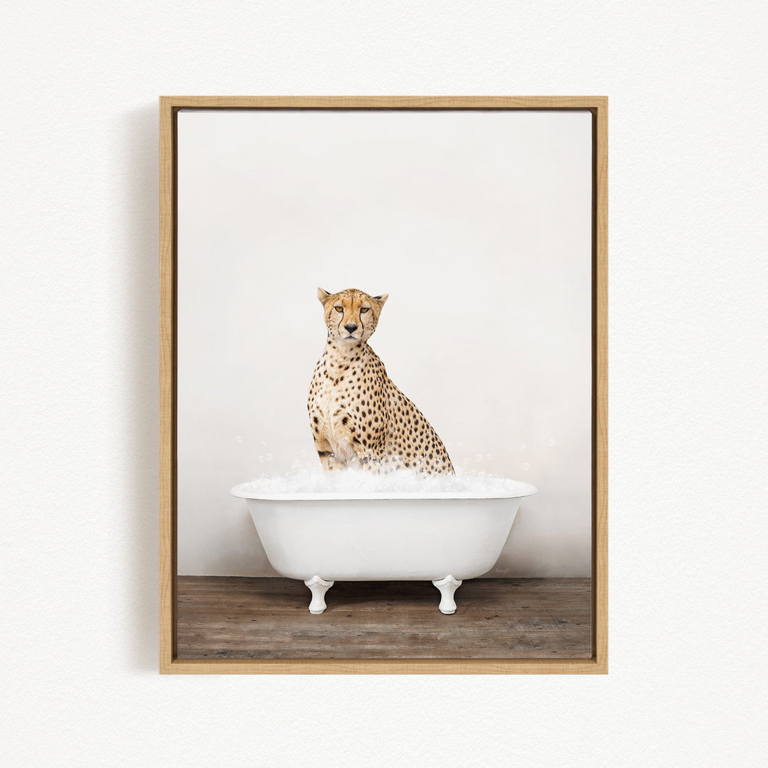 A cheetah sitting in a white bathtub filled with water, looking directly at the camera.