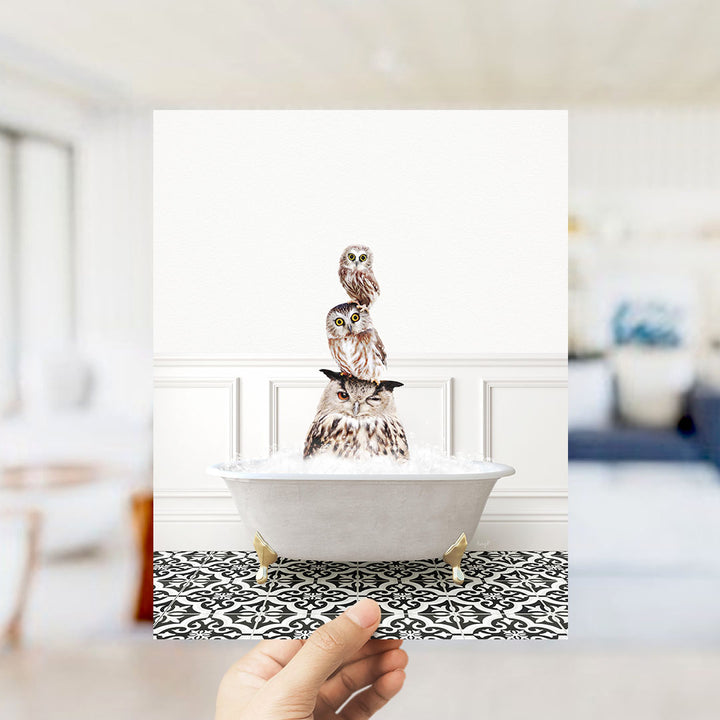 A hand holds up a framed image of three owls sitting in a bathtub filled with water.