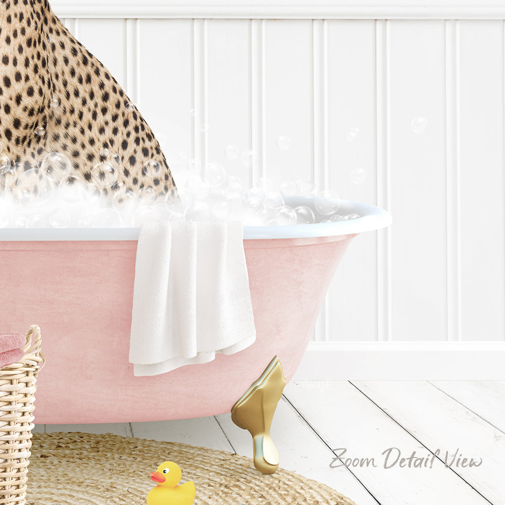 A leopard print bathtub filled with water and bubbles, with a towel and rubber duck nearby, and a white wooden floor in the background.