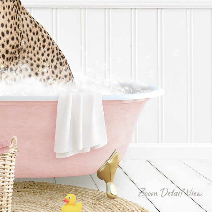 A leopard print bathtub filled with water and bubbles, with a towel and rubber duck nearby, and a white wooden floor in the background.