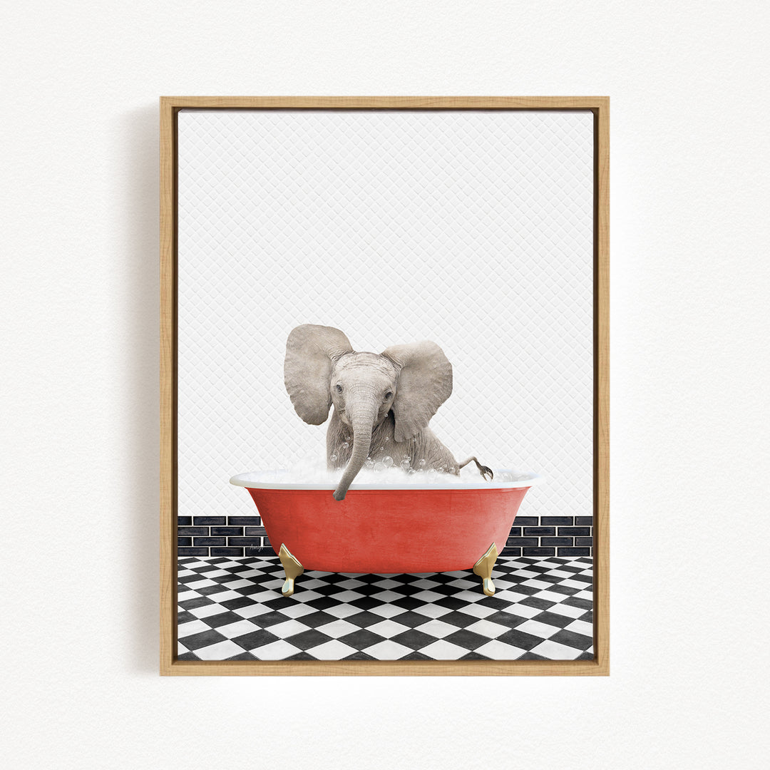 A gray elephant is sitting in a red bathtub, surrounded by a black and white checkered floor.