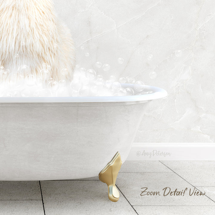 A fluffy white cat sitting in a white bathtub filled with bubbles, with a text overlay that reads "Zoom Detail View".