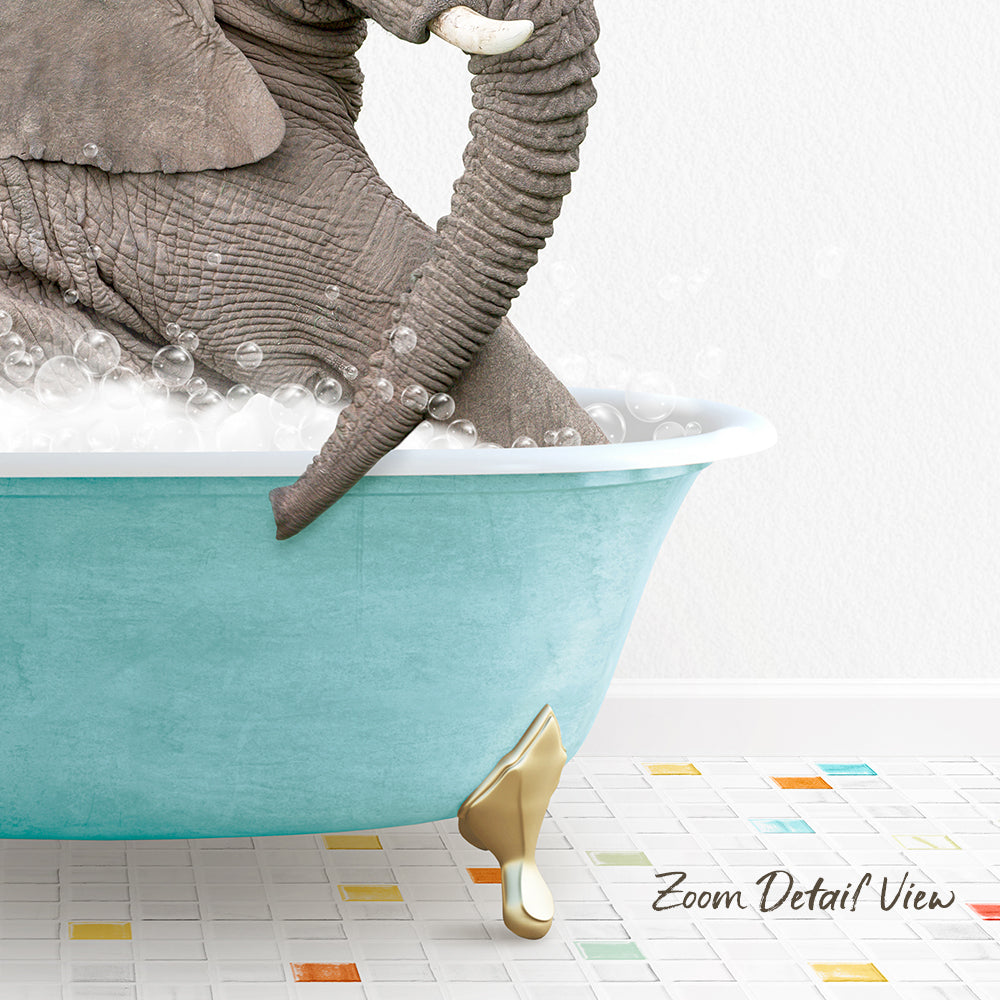 A large elephant is sitting in a blue bathtub filled with bubbles, with its trunk raised in the air.