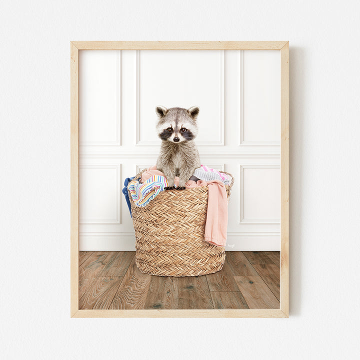 a raccoon sitting in a basket with clothes in it