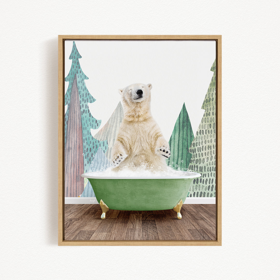 A polar bear sitting in a green bathtub filled with water, surrounded by stylized trees in the background.