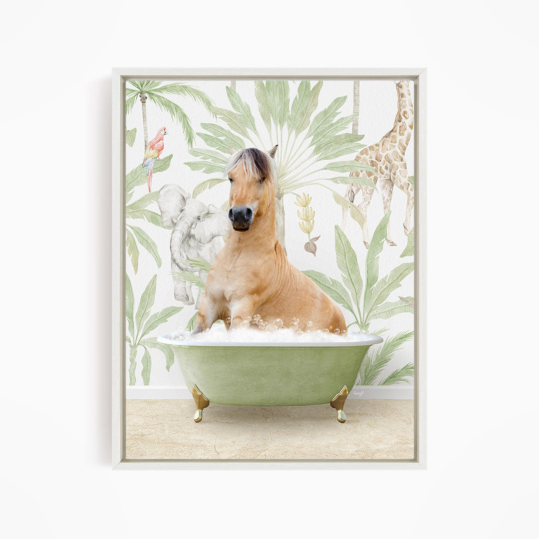 A horse is sitting in a green bathtub, surrounded by tropical foliage and animals, creating a whimsical and playful scene.