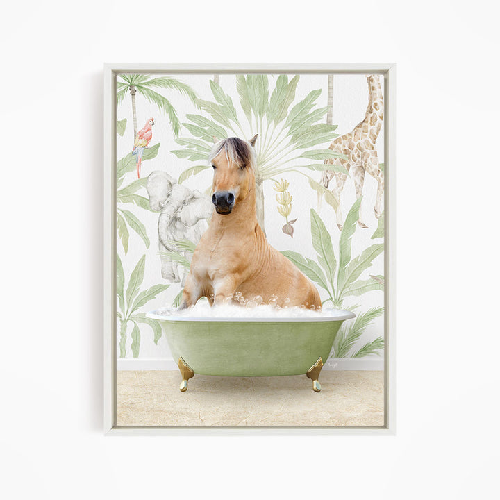 A horse is sitting in a green bathtub, surrounded by tropical foliage and animals, creating a whimsical and playful scene.