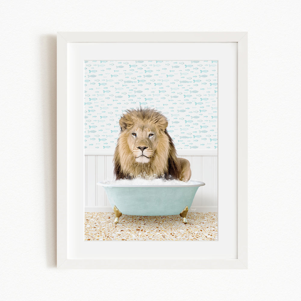A lion sitting in a blue bathtub filled with water, surrounded by a patterned wall.