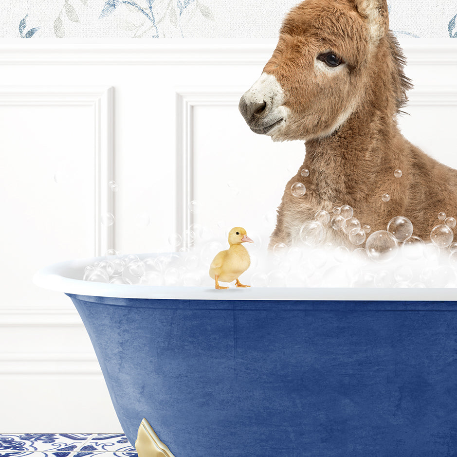 a donkey in a bathtub with bubbles and a rubber duck