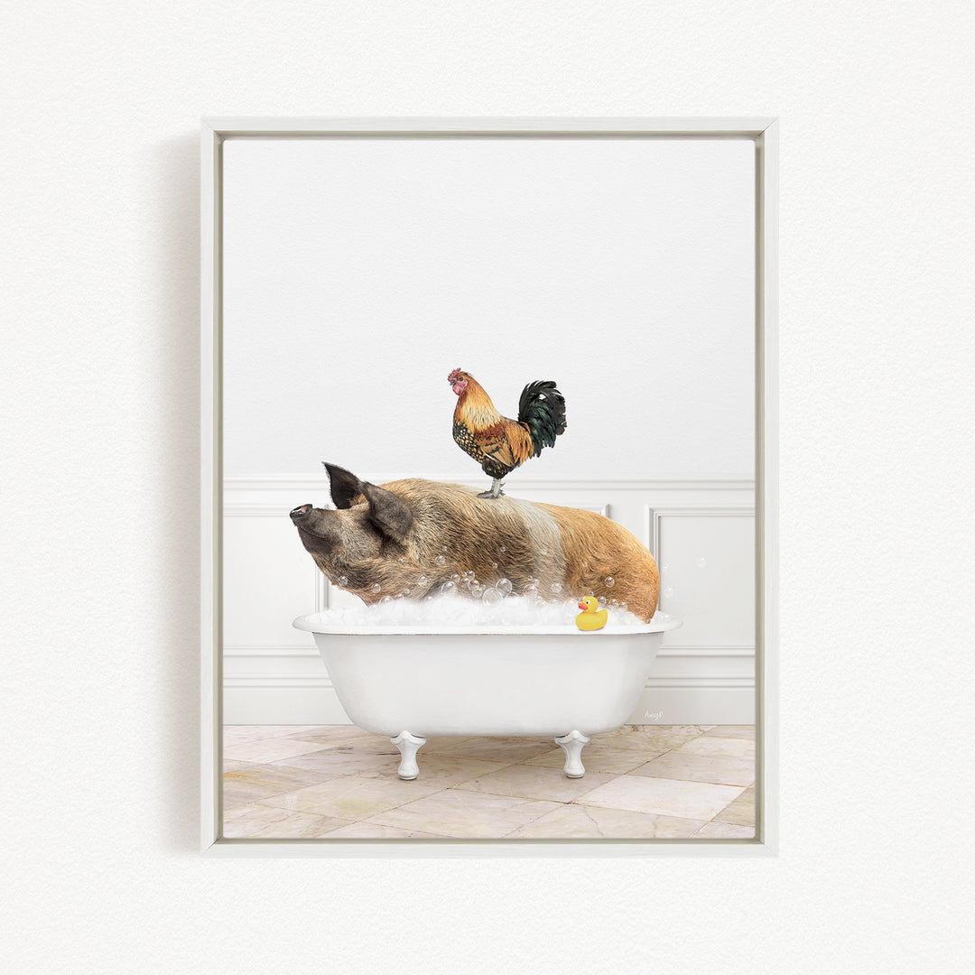 A rooster stands on a pig's back while the pig is sitting in a bathtub filled with water and bubbles.