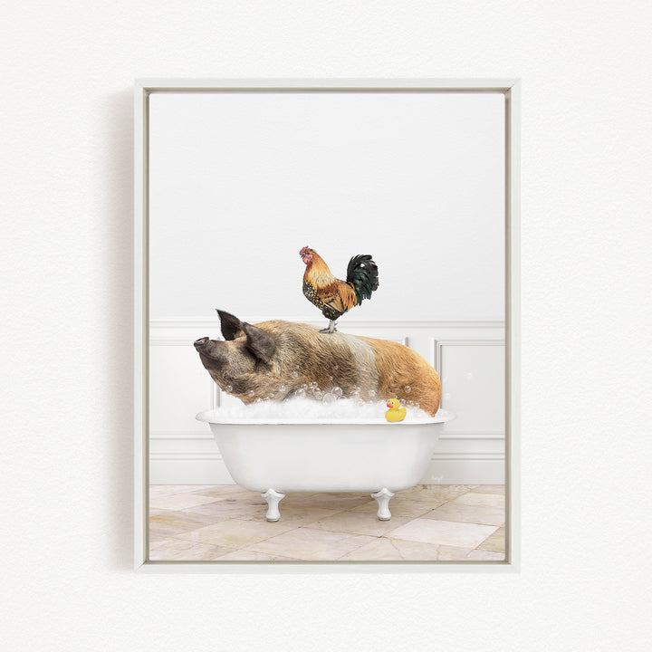 A rooster stands on a pig's back while the pig is sitting in a bathtub filled with water and bubbles.