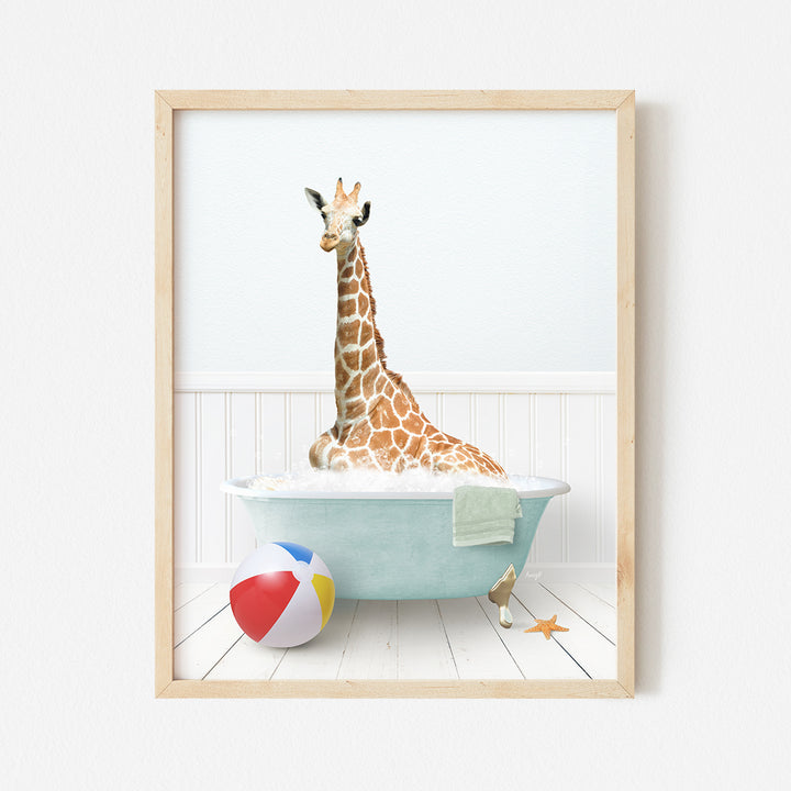 a picture of a giraffe sitting in a bathtub