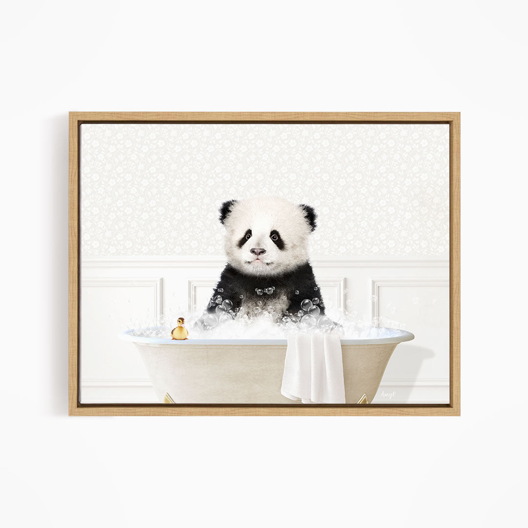 A panda bear sitting in a bathtub filled with bubbles, surrounded by a white and beige patterned background.