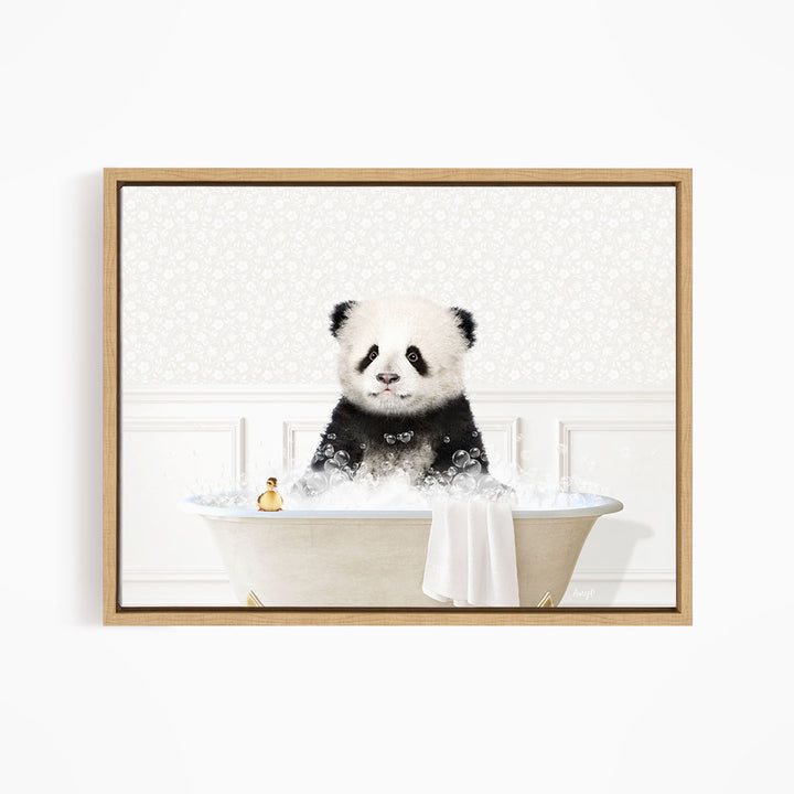 A panda bear sitting in a bathtub filled with bubbles, surrounded by a white and beige patterned background.