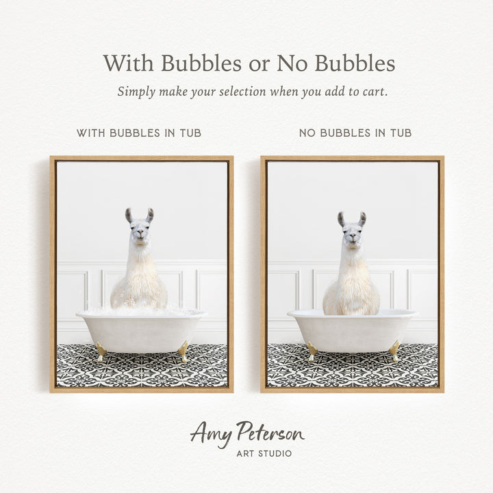 The image is a collage of two framed pictures, each featuring a white llama sitting in a bathtub. The text above the images reads "With Bubbles or No Bubbles" and below the images, it says "Simply make your selection when you add to cart."