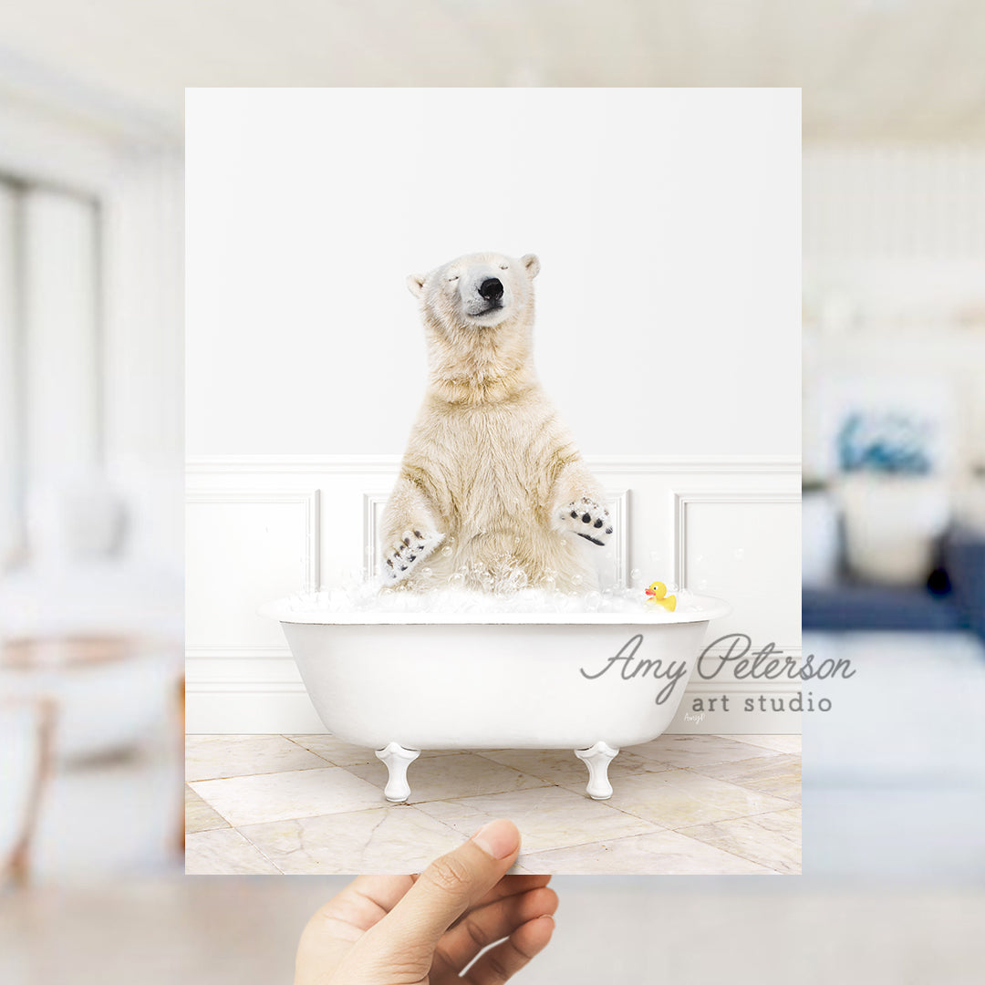 a polar bear sitting in a bath tub