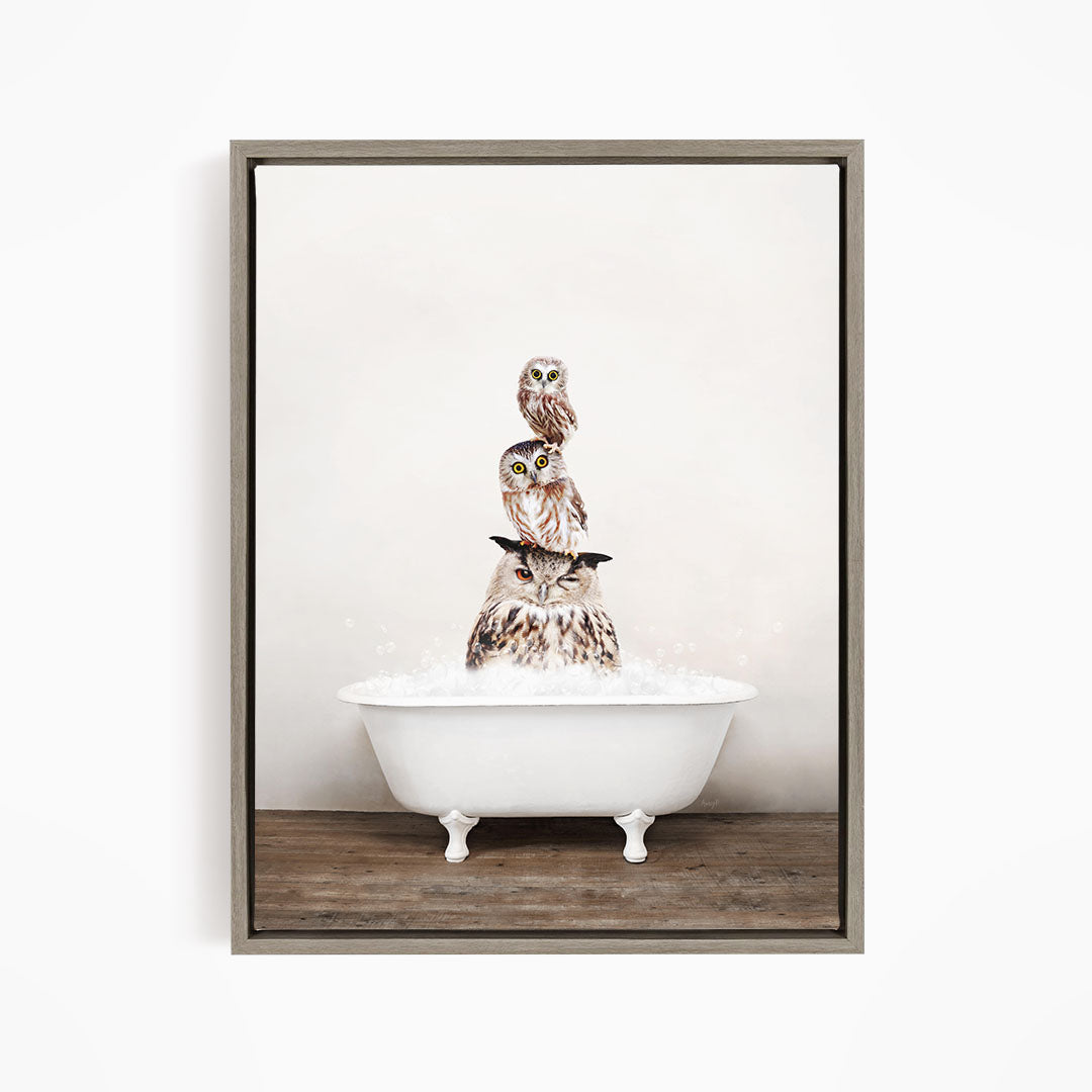 A framed image depicting three owls sitting in a white bathtub filled with water.