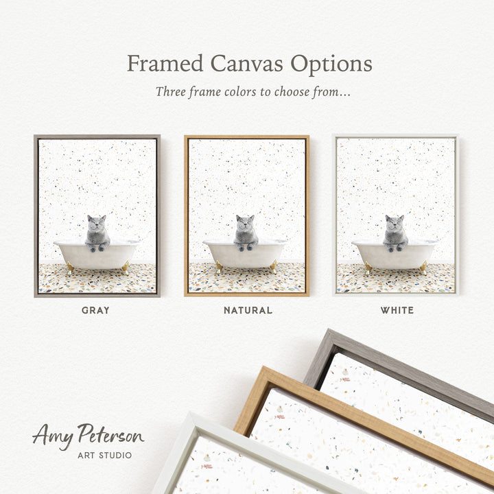 The image is a framed canvas option showcasing three different colored frames with a gray cat sitting in a bathtub.