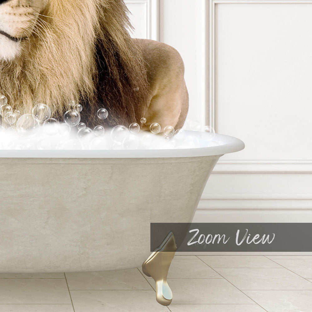 A lion is sitting in a bathtub filled with bubbles, creating a whimsical and playful scene.