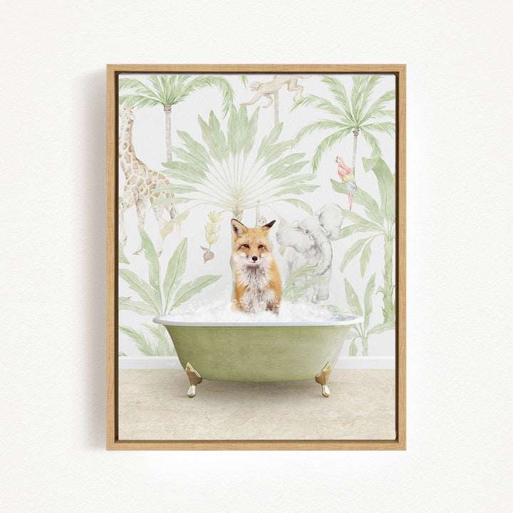 A fox is sitting in a green bathtub filled with water, surrounded by tropical plants and animals, creating a whimsical and playful scene.