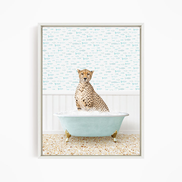 A cheetah sitting in a light blue bathtub filled with water, surrounded by a pattern of small fish.