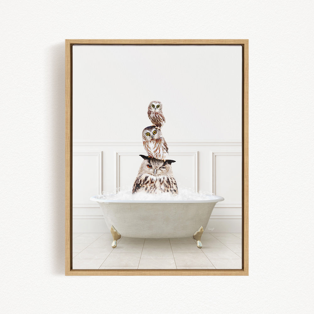 A framed image depicting three owls sitting in a bathtub filled with water.