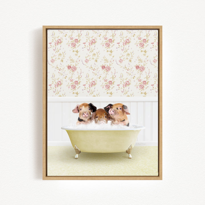 Three adorable pigs sitting in a bathtub, enjoying a relaxing bath.